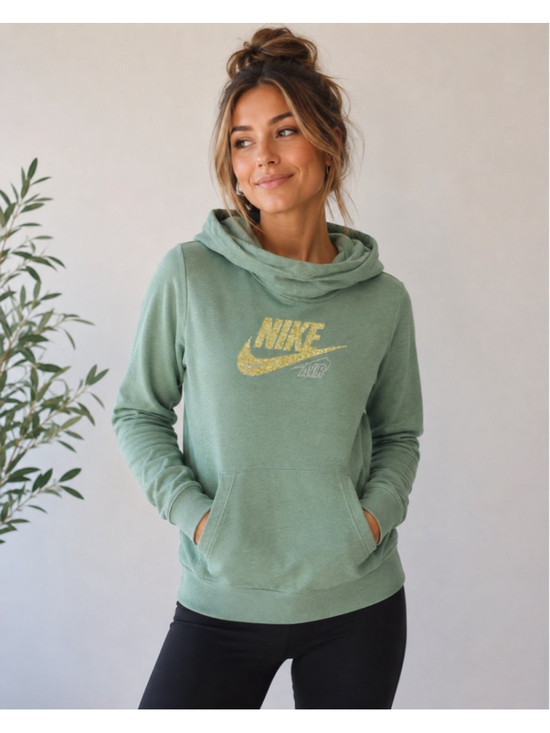 Nike Tops - Nike Womens Medium Sage Green Y2K Glitter Logo Cozy Hoodie Sweatshirt